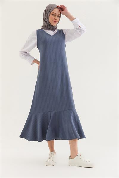 Çizgili Sıfır Kol Beli Kuşaklı Elbise Gri