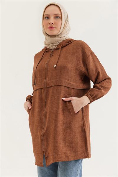 Araboy Kapşonlu Keten Kap Kahverengi