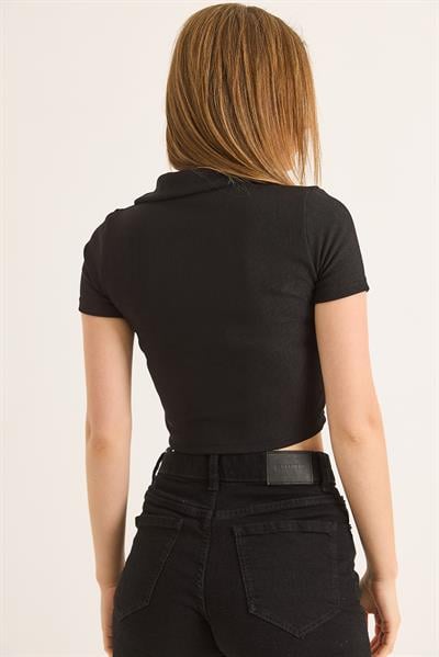 Yakalı Baskı Detaylı Fermuarlı Crop Bluz Siyah