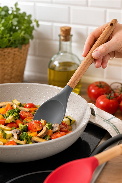 Ahşap Saplı Slikon Uçlu Spatula Kaşık 30 CM 