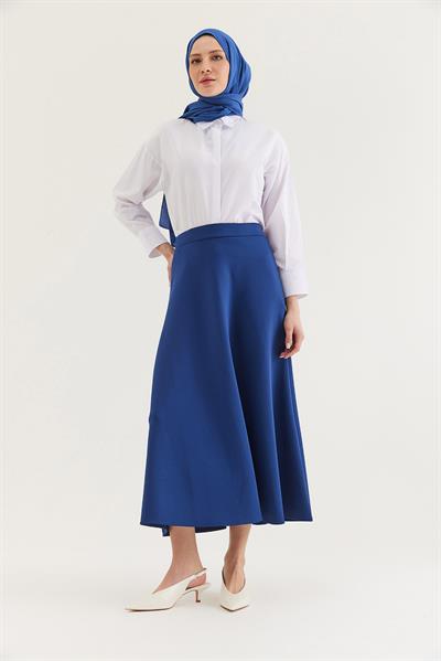 Beli Lastikli Kadın Kloş Etek Mavi