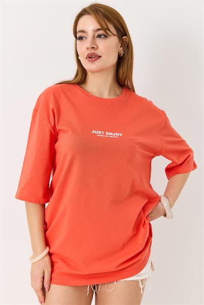 Kadın Yazı Baskılı Bisiklet Yaka Tshirt Nar Çiçeği