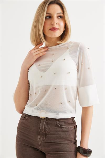Yarım Kol Transparan Bluz Beyaz