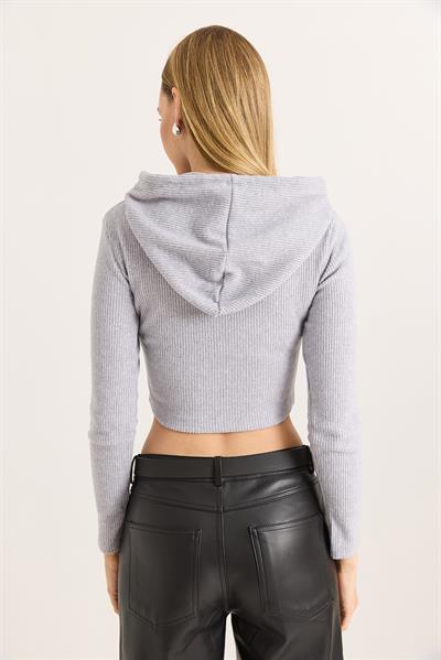 Uzun Kollu Kapüşonlu Crop Bluz Gri