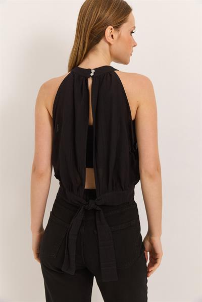 Halter Yakak Sırt Dekolteli Kuşaklı Dokuma Keten Bluz Siyah