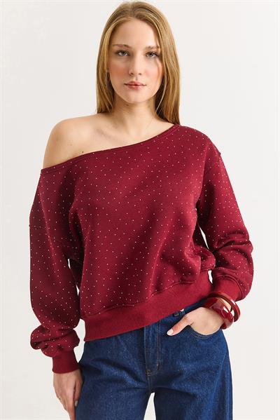 Kadın Bordo Serpme Taşlı  Kayık Yaka Üç İplik Şardonlu Sweat