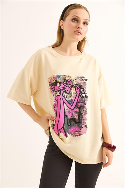 Baskılı Oversize Kesim Kadın Tshirt Sarı