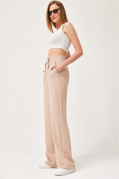 Beli Cırtlı Rahat Palazzo Pantolon Bej
