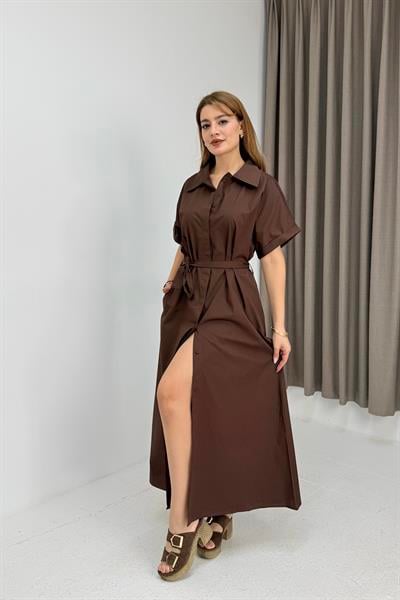 Kadın Polo Yaka Midi Boy Beli Kuşaklı Elbise Kahve