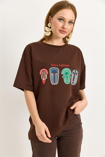 Baskılı Oversize Tshirt Kahverengi