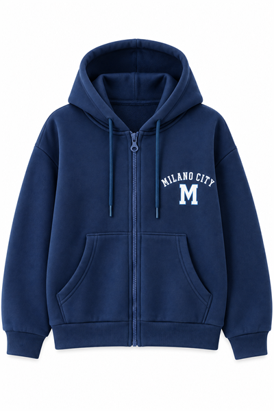 Kadın Milano City Baskılı Fermuarlı Kapüşonlu Oversize Sweatshirt Lacivert