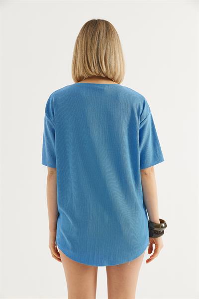 Bisiklet Yaka  Kısa Kol Basic Tshirt Mavi