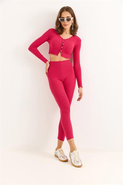 Kadın Düğmeli  Crop Tayt Fitilli Takım Pembe