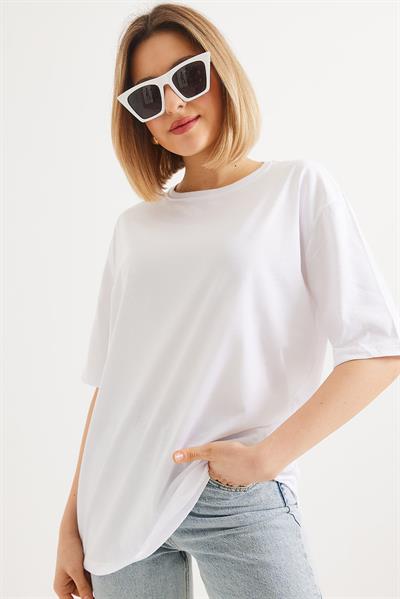 Oversize Bisiklet Yaka Basic Tshirt Beyaz