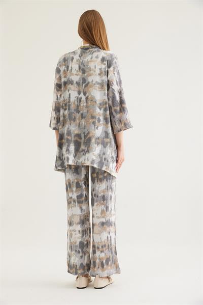 Kimono Pantolon Krinkıl Kadın İkili Takım Füme