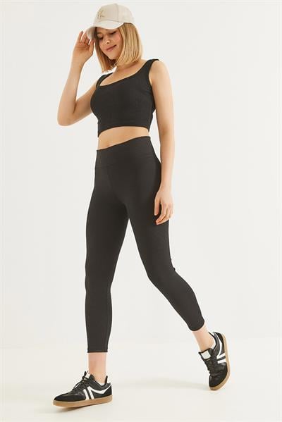 Yüksek Bel Fitilli Toparlayıcı Tayt Siyah