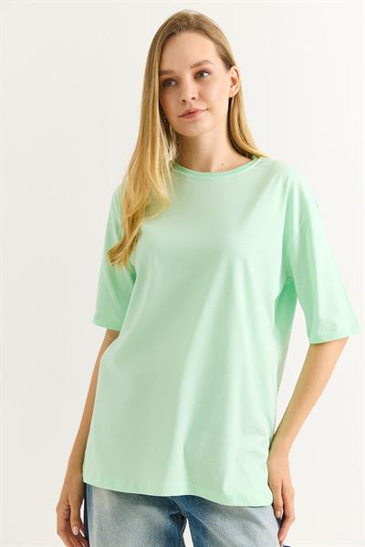 Oversize Bisiklet Yaka Basic Tshirt Yeşil