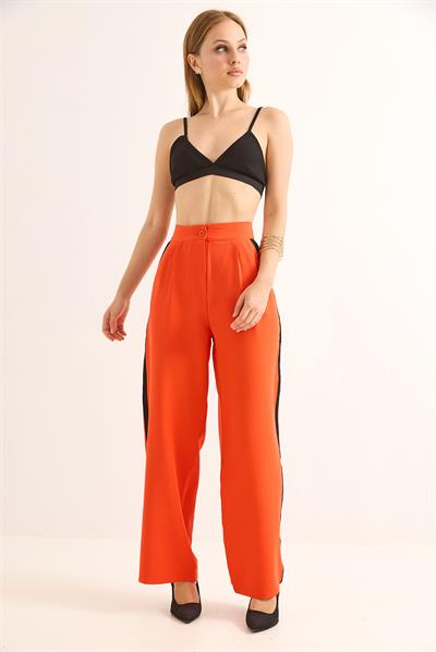 Yanları Şeritli Yüksel Bel Palazzo Pantolon Turuncu