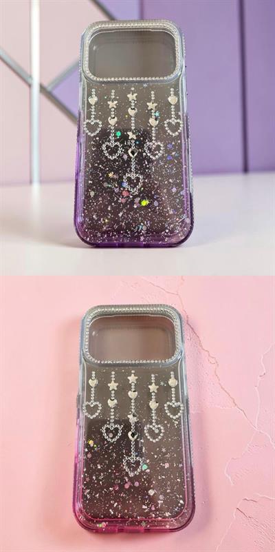 İphone 17 Pro Max Uyumlu Şeffaf ve Mor Geçişli Kalp-Yıldız Taşlı KILIF Mor