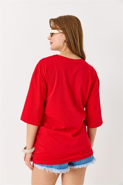 Kadın Yazı Baskılı Bisiklet Yaka Tshirt Kırmızı