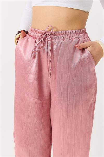 Kadın Saten Bol Kesim Salaş Beli Lastikli Pantolon Pembe
