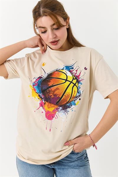 Kadın Basketbol Grafik Baskılı Günlük Tshirt  Krem