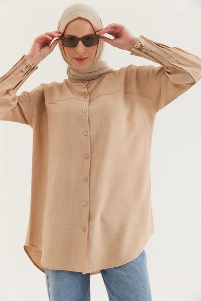 Keten Kumaş Kol Nervül Detaylı Gömlek Tunik Bej