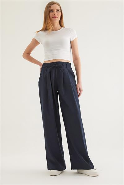 Kendinden Kemerli Cepli Bol Pantolon Lacivert