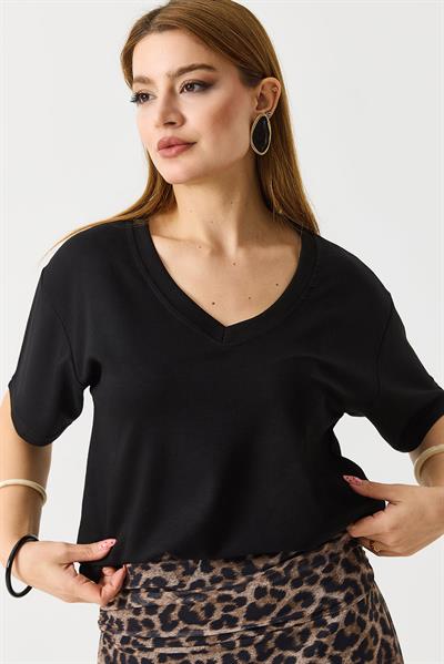Kadın V Yaka Modal Kısa Kollu Tshirt  Siyah