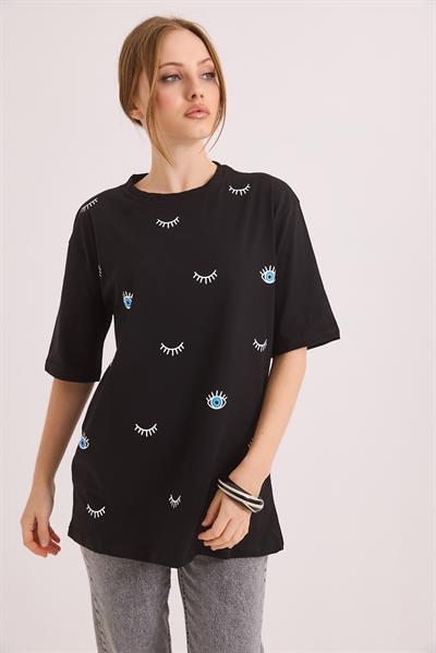 Göz Baskılı Oversize Pamuk Süprem Tshirt Siyah