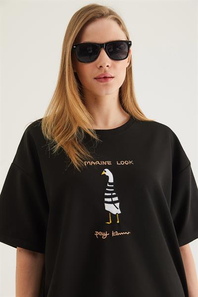 Bisiklet Yaka Oversize Baskılı Tshirt Siyah