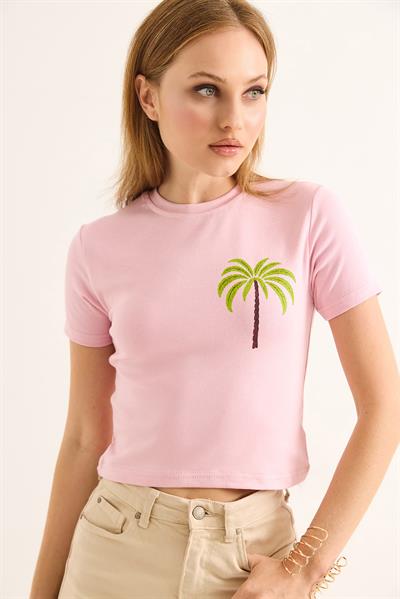 Bisiklet Yaka Kısa Kol Crop Bluz Pembe