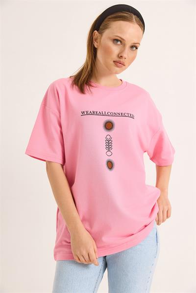 Bisiklet Yaka Kısa Kol Baskılı Tshirt Pembe