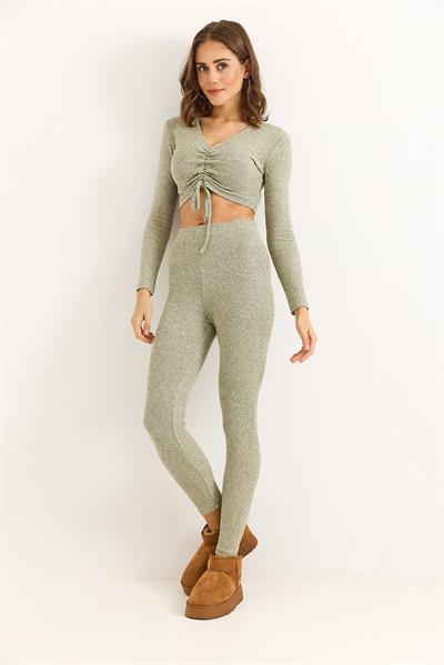 Kadın Fitilli Crop Bluz Pantalon Açık Yeşil Takım