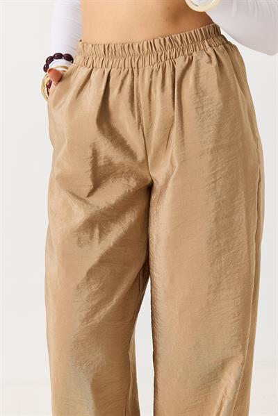 Kadın Bol Kesim Tensel Kumaş Beli Lastikli Sütlü Kahve
