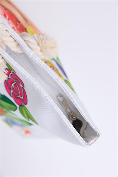 Baskılı  Fermuarlı Kadın Plaj Çantası Beyaz