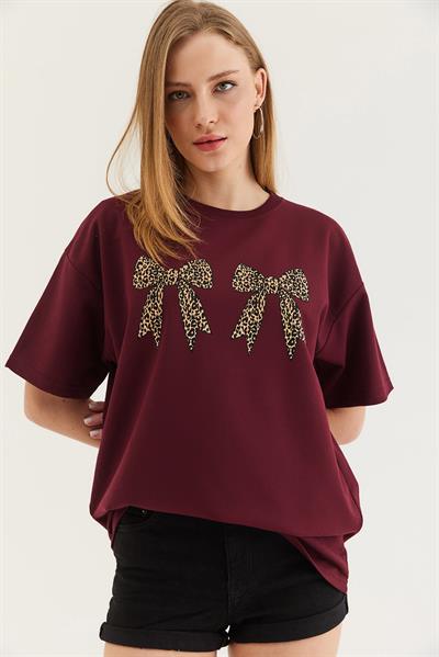 Kurdele Baskı Detaylı Basic Tshirt Bordo