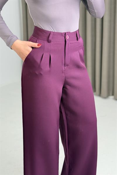 Yüksek Bel Bol Paça Kumaş Pantalon Mor