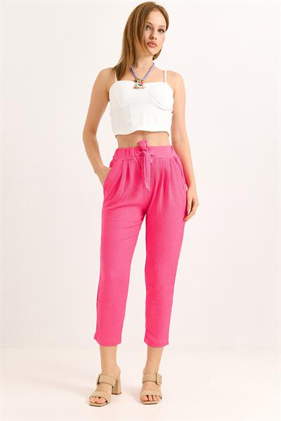 Bağlama Detaylı Bürümcük Örme Pantalon Pembe