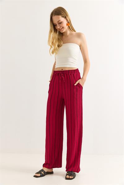 Bürümcük Çizgili Rahat Kesim Pantalon Bordo