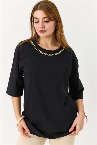 Kadın Yakası Gold Zincirli Bisiklet Yaka Tshirt Siyah