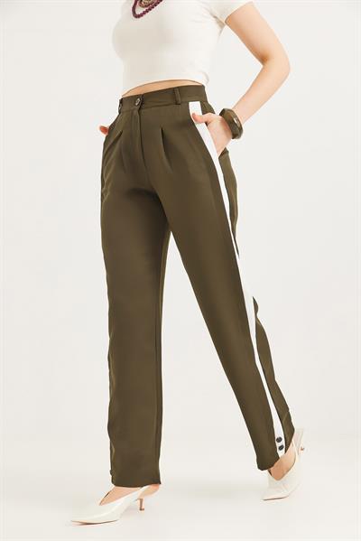 Yanları Şeritli Bol Paça Pantolon Haki