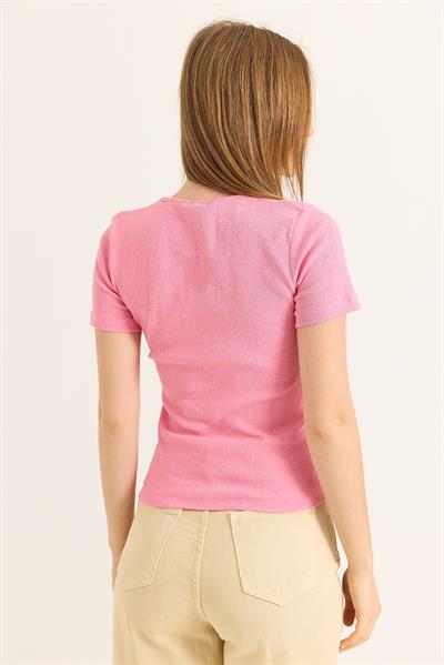 Yaka V Detay Kısa Kol Kaşkorse Bluz Pembe