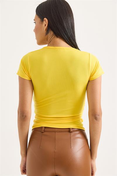 Kruvaze Yaka Çarpaz Bağlama Detaylı Bluz Sarı