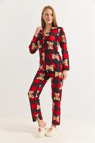 Kadın Kırmızı Pamuklu Polo Yaka Ayıcık Baskılı Polo Yaka Pijama Takımı 