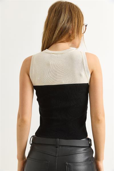 Çift Renk Bisiklet Yaka Triko Bluz Siyah