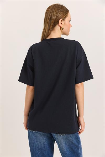 Duck Nakışlı Oversize İki İplik Tshirt  Lacivert