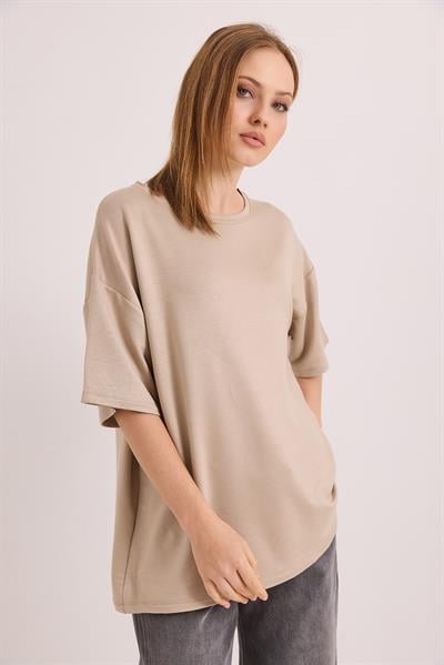 Oversize Yumuşak Dokulu Salaş T-Shirt Vizon