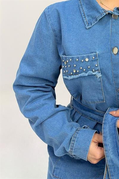 Kadın Taş Detaylı Kot Ceket Pantolon Takım Açık Mavi