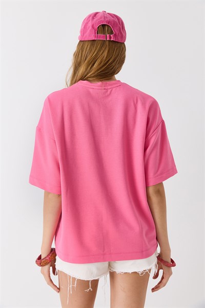 Kadın Bisiklet Yaka Yazı Baskılı Kısa Kollu Tshirt Pembe
